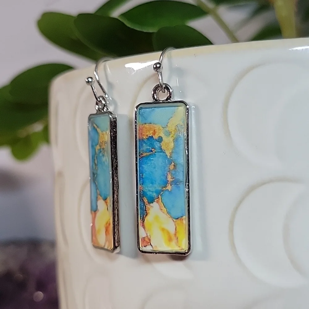Marbled Watercolor Rectangle Drop Earrings - Picture 3 of 4